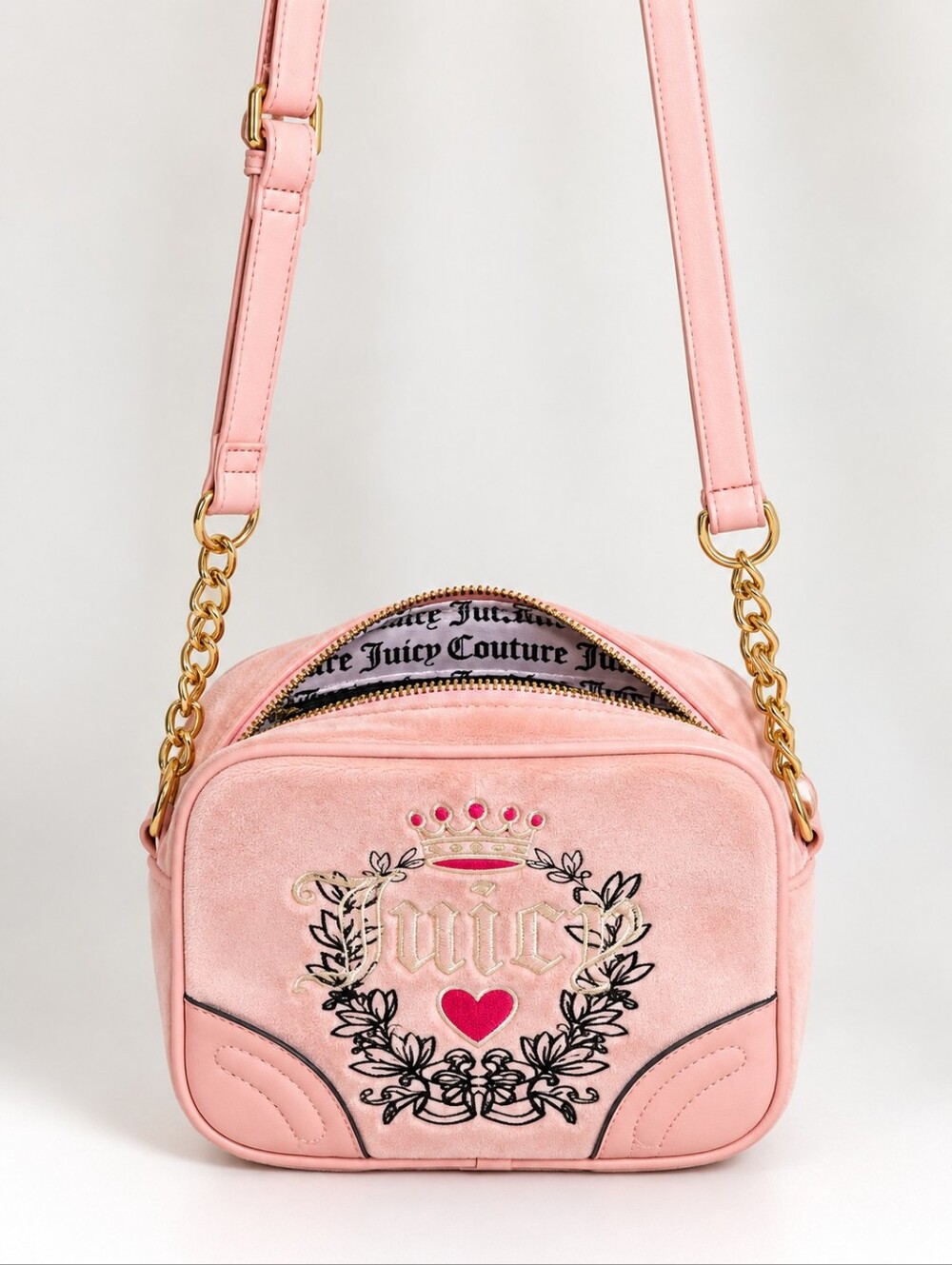 Juicy Couture Blush Pink Embroidered Suede/Velour Crossbody Bag